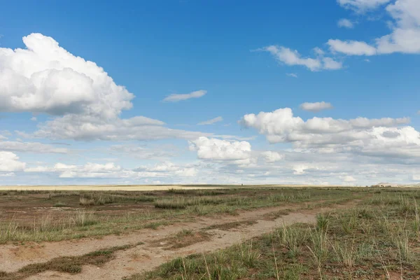 The road goes to the horizon. Clouds float across the sky over meadows. Tyva. Steppe. Sunny summer day. Outdoors