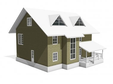 bir iki katlı yazlık ev 3D Illustration. Bloklarla duvarlar renkte vurgulanır. 3D modelleme