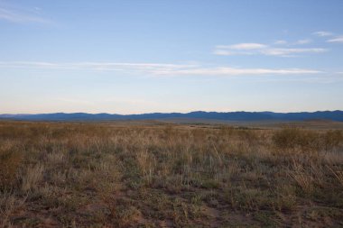 Tuva. Düz bozkır çimlere akşam. Uzaktan, sırtın arkasında Moğolistan olduğunu.