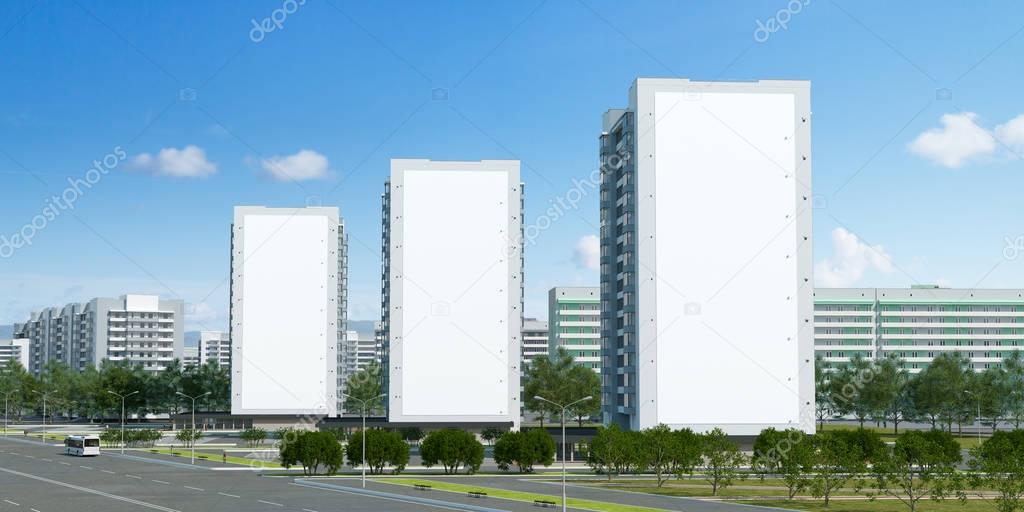 3d illustration. Three empty posters on the ends of three buildings to accommodate advertising layouts. 3d modeling