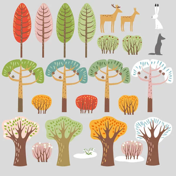 Conjunto Elementos Del Bosque Plano Árboles Animales Otoño Verano Invierno — Archivo Imágenes Vectoriales