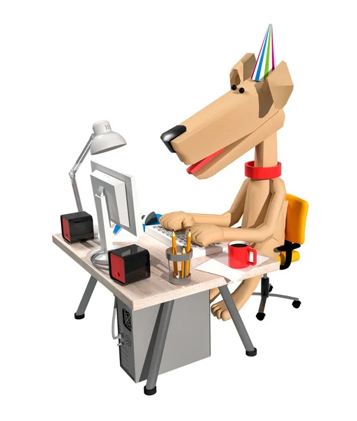 3d render bege bonito cão em execução no computador — Fotografia de Stock