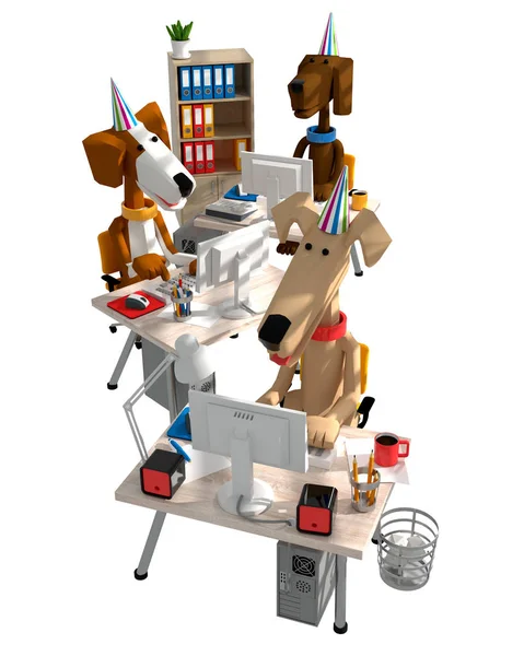 3D рендеринг забавных симпатичных собак, работающих в офисе — стоковое фото