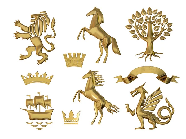 Illustration Rendu Ensemble Symboles Héraldiques Lion Cheval Arbre Ruban Couronne — Photo