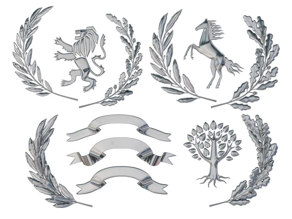 Ilustracja Renderowania Heraldyki Zestaw Obiektów Srebrna Gałęzi Dębowych Korony Lew — Zdjęcie stockowe