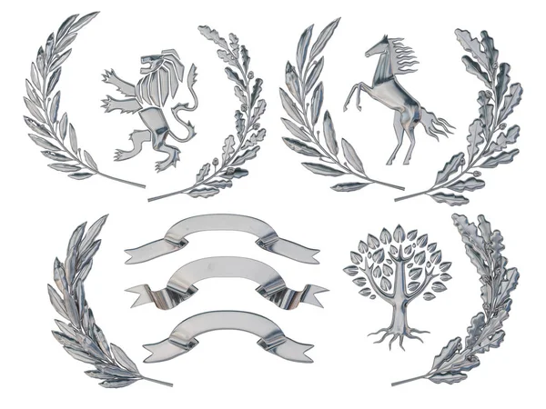 Illustration Rendu Héraldique Ensemble Objets Argent Branches Olivier Branches Chêne — Photo