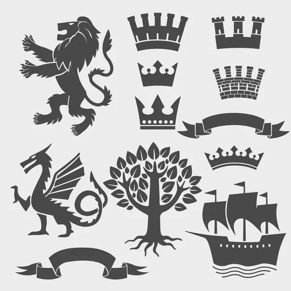 Conjunto Símbolos Heráldicos Coroa Leão Dragão Fita Árvore Cavalo Gráficos —  Vetores de Stock