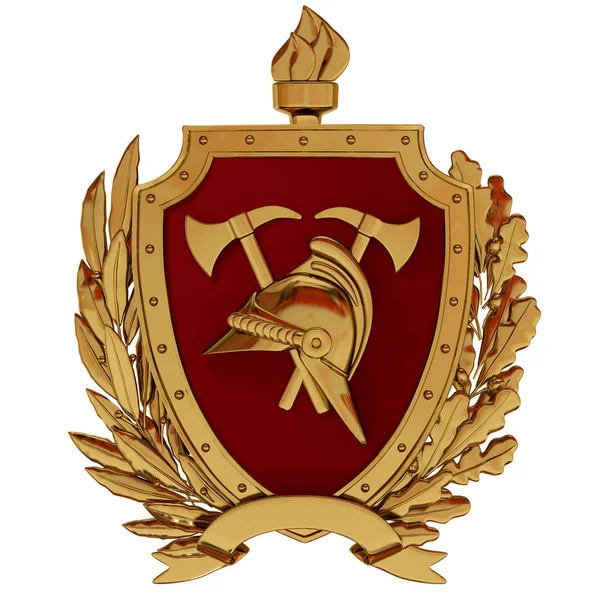 3D çizim. İtfaiyeciler arması. Altın vintage kask, baltalarla, kırmızı kalkan, meşale, zeytin dalı. 3D modelleme