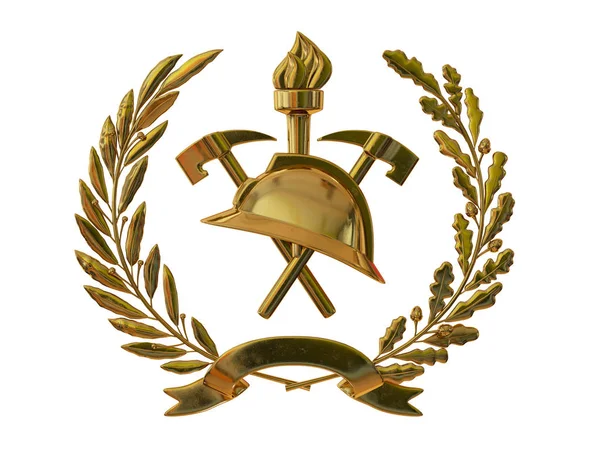 Illustration Emblem Der Feuerwehr Goldhelm Äxte Taschenlampe Olivenzweige Modellierung — Stockfoto