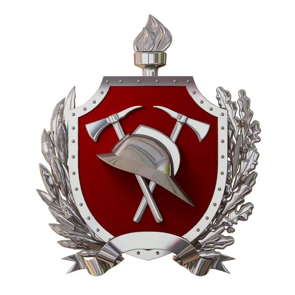 Illustration Fireman Badge Silver Antique Helmet Axes Red Shield Olive — Stock Photo, Image