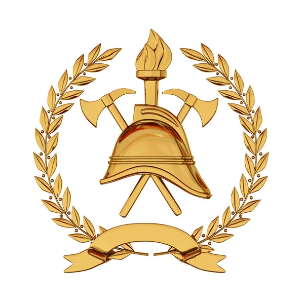 3D render. Yangın amblem. Eski bir Avrupa yangın kask, eksenler ve defne dalları tarafından çevrili bir meşale. Altın bir malzemedir. 3D modelleme