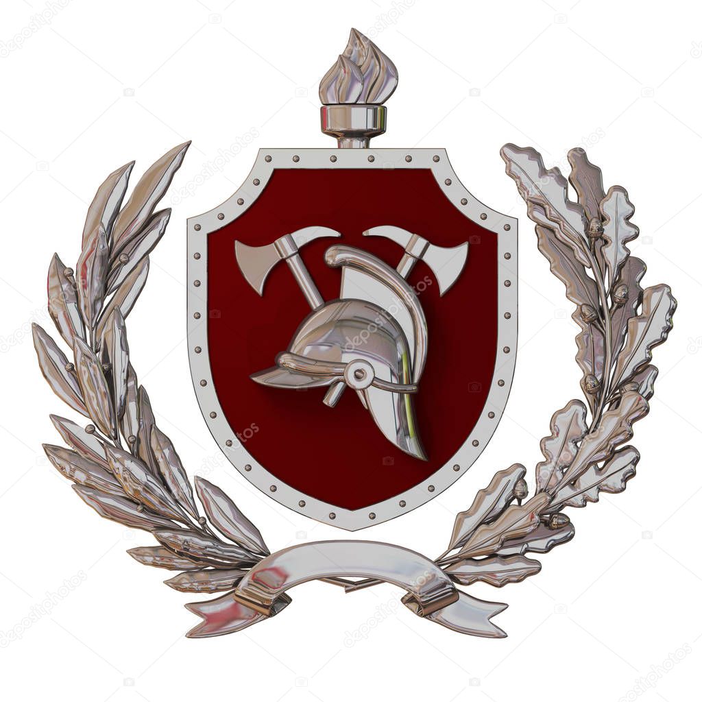 3d illustration. Emblem of firefighters. Silver antique helmet, axes, red shield, olive branch, oak branch, ribbon. 3D modeling