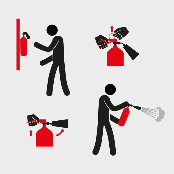 Bir yangın söndürücü kullanımını açıklamak için rakamlar. Stilize bir basit adam yangın söndürücü tutar. Vektör grafikleri