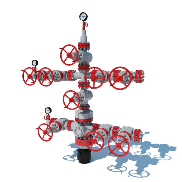 3d illustration Fountain gas fittings natural gas production Grey Red. 3d modeling.