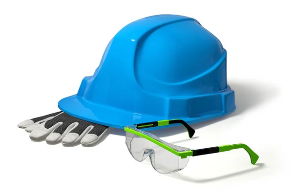 Illustration Construction Helmet Working Gloves Safety Glasses Isolated Blue Green — Stock Photo, Image