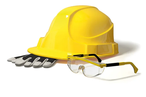 Illustration Construction Helmet Working Gloves Safety Glasses Isolated Yellow Black — Stock Photo, Image