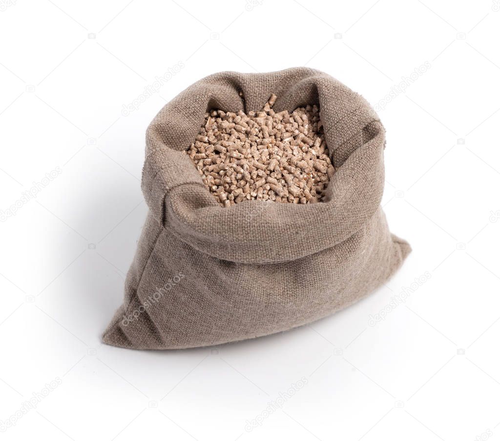 Forage for livestock. A bag. Medium granules. Isolate. Sample