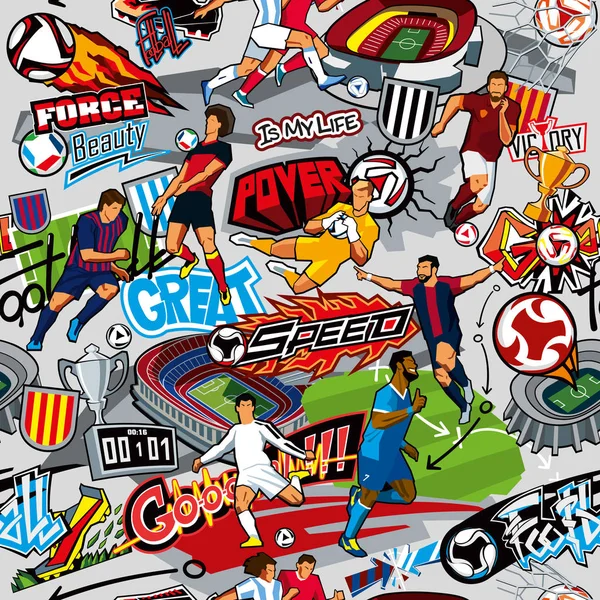 足球背景 无缝模式 足球属性 各种球队的足球运动员 体育场 矢量图形 — 图库矢量图片