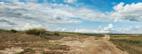 Panorama Die Landstraße Geht Bis Zum Horizont Die Steppe Von — Stockfoto