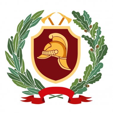 Yangın amblem. Bordo bir kalkan karşı eski bir yangın kask. Eksen ile top. Meşe ve defne dalları. Vektör grafikleri