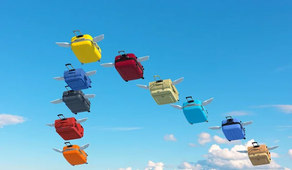 Színes Bőröndök Kis Szárnyakkal Repülni Nyaralni Mint Kék Mint Egy — Stock Fotó
