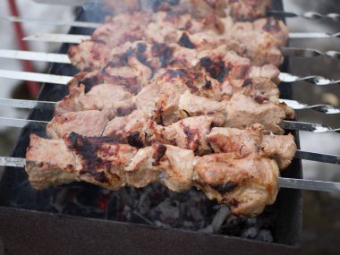 Et kömürde şişte pişiriliyor. Havada yemek pişirmek