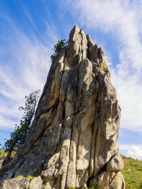 Ergaki doğa parkında taş devrinden kalma bir kaya. Batı Sayan dağlarında güneşli bir gün