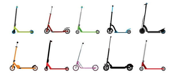 Scooters Verschillende Set Vectorafbeeldingen Verschillende Patronen Van Scooters Een Witte — Stockvector