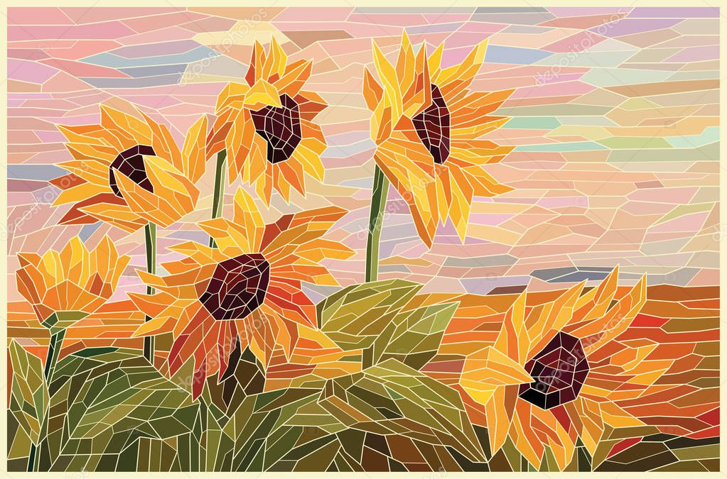 Stained Glass Window Sunflowers In The Field Yellow Sunflowers Against The Pink Evening Sky Vector Hand Drawing Full Color Premium Vector In Adobe Illustrator Ai Ai Format Encapsulated Postscript
