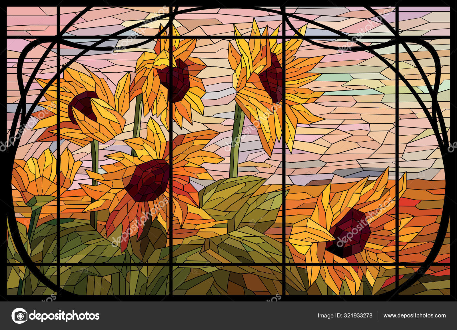 Витражи Подсолнухи Рамке Осенний Вечер Поле Теплый Розовый Желтый.