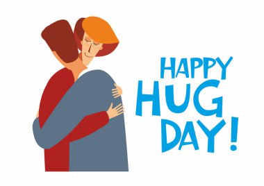 Kartpostal posteri mutlu kucaklaşma günleri. Bir erkek ve bir kadın sarılıyor. Vektör el tam renk çiziyor