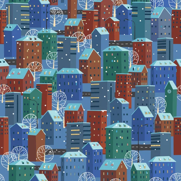 Απρόσκοπτο Μοτίβο Χειμερινή Νυχτερινή Πόλη Διάνυσμα Χέρι Σχέδιο Πλήρες Χρώμα — Διανυσματικό Αρχείο