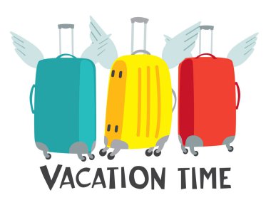 Kanatlı üç bavul uçmaya hazır. Tatil izni. Vektör el çizimi
