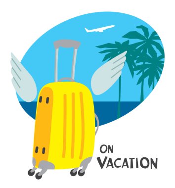 Tatil için toplanmış kanatlı sarı bavul. Vektör el çizimi