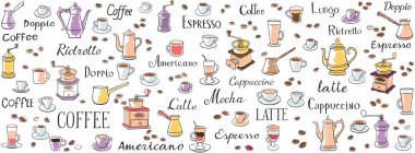 Kahve pürüzsüz. Renkli fincanlar, kahve demlikleri ve kahve öğütücüleri. Latte, espresso, ristretto ve americano. Ambalajlar, menüler, duvar kağıtları ve mutfak süsleri