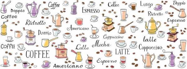 Kahve pürüzsüz. Renkli fincanlar, kahve demlikleri ve kahve öğütücüleri. Latte, espresso, ristretto ve americano. Ambalajlar, menüler, duvar kağıtları ve mutfak süsleri