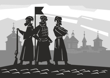 17. yüzyılın ortalarındaki Rus askerlerinin siluetleri. Sibirya 'daki Kazaklar. Tahta bir kalenin silueti