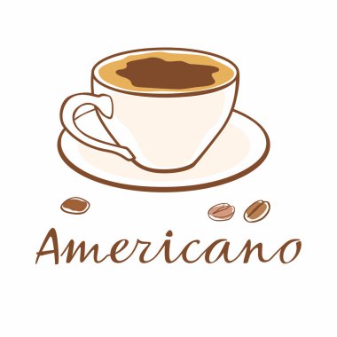 Etrafta bir fincan kahve ve tahıl var. Yazılı Americano. Vektör grafikleri