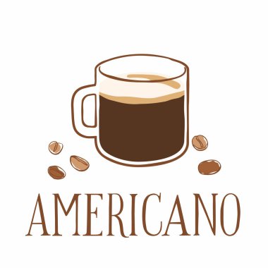 Etrafta bir fincan kahve ve tahıl var. Yazılı Americano. Vektör grafikleri
