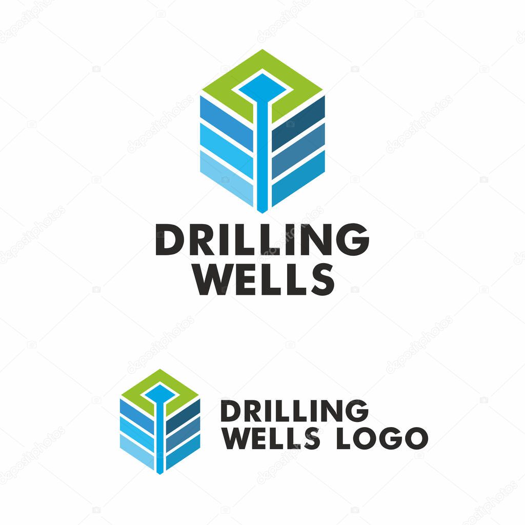 Drilling logo. Stylized well of water in the strata of the earth. Vector graphics