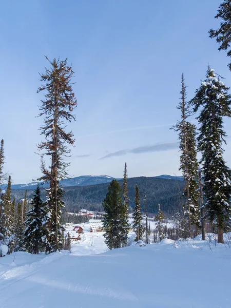 Vista Desde Cima Montaña Hasta Estación Esquí Táiga Invierno Siberiana — Foto de Stock