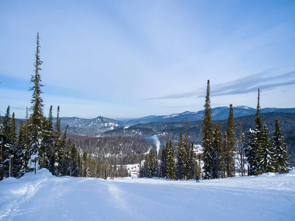 Dağın tepesinden kayak merkezine bak. Sibirya kış taygası. Dağ vadisi