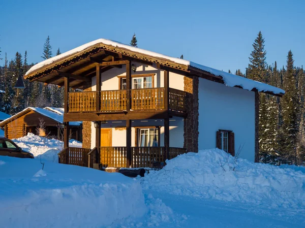 Wooden Two Story Alpine Style House Hotel Ski Resort Gornaya — Stock Photo, Image