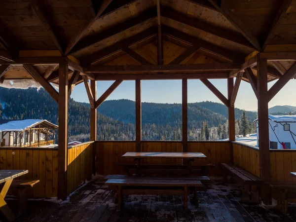 Blick Vom Pavillon Skigebiet Gornaya Salanga Schöne Landschaft Mit Nadelwald — Stockfoto