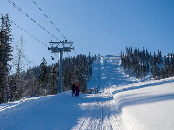 Skiers climb the mountain on a special ski lift. Winter sunny day at the resort