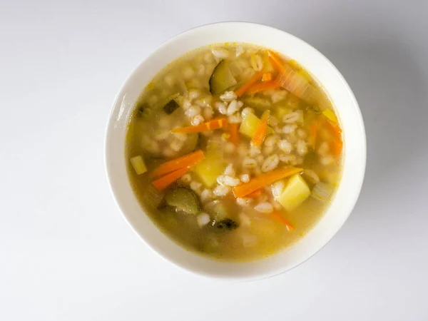 Russian Soup Rassolnik White Deep Plate View — Stock Photo, Image