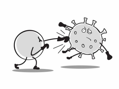 Karikatür antibiyotiği virüsü yener. Hoşnutsuz koronavirüsün doğrusal çizimi boks darbesini kaçırıyor