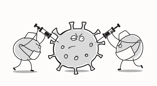 Antibióticos Dos Desenhos Animados Atacam Vírus Desenho Linear Coronavírus Descontente —  Vetores de Stock