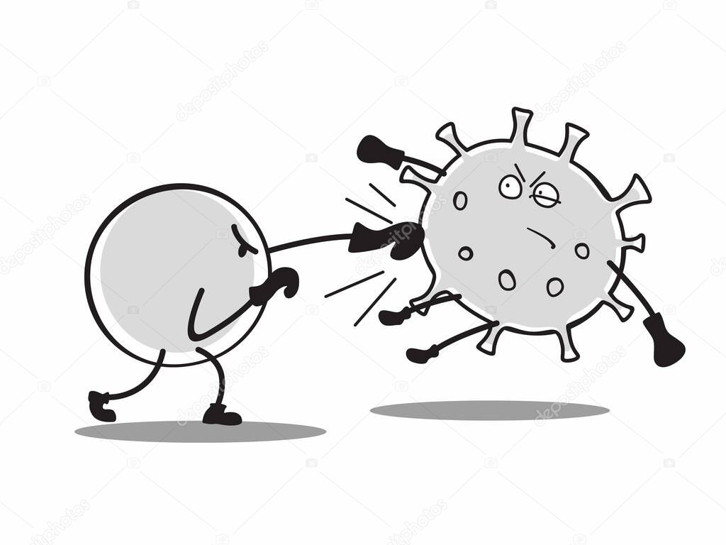 Caricature antibiotic beats the virus. Linear drawing of disgruntled coronavirus misses boxing blow