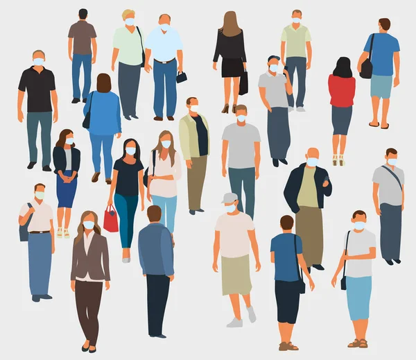 Tıbbi maskeli bir sürü insan. Vektör el çizimi. Tam renkli insan siluetleri